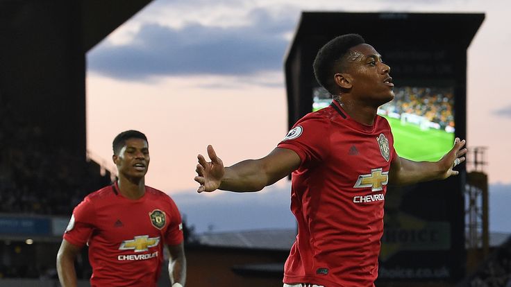 Manchester United's Anthony Martial celebrates his goal against Wolves in August 2019