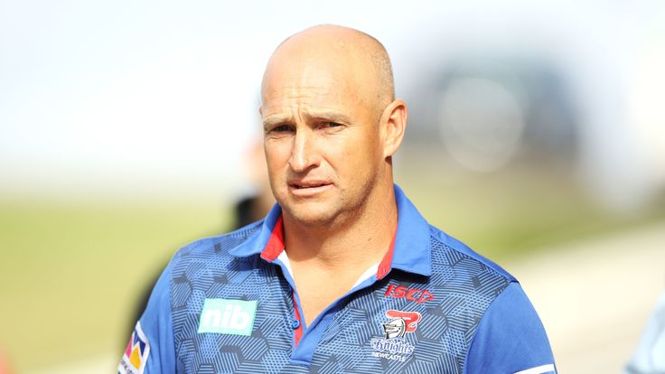 WOLLONGONG, AUSTRALIA - FEBRUARY 23: Knights coach Nathan Brown looks on during the NRL trail match between the St George Illawarra Dragons and the Newcastle Knights at WIN Stadium on February 23, 2019 in Wollongong, Australia. (Photo by Mark Kolbe/Getty Images)