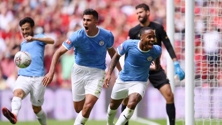 Raheem Sterling celebrates scoring for Manchester City against Liverpool in the Community Shield