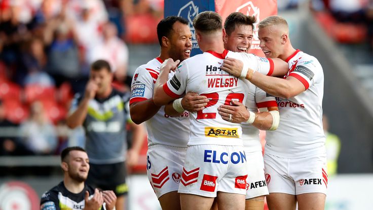 St Helens Saints' Louie McCarthy-Scarsbrook (2nd right) celebrates his try against Wakefield Trinity, during the Betfred Super League match at The Totally Wicked Stadium, St Helens. PRESS ASSOCIATION Photo. Picture date: Friday August 2, 2019. Photo credit should read: Martin Rickett/PA Wire. RESTRICTIONS: Editorial use only. No commercial use. No false commercial association. No video emulation. No manipulation of images.