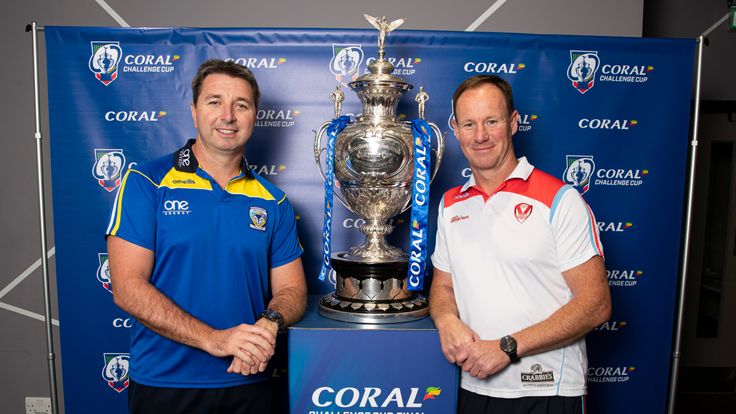 Picture by Paul Currie/SWpix.com - 19/08/2019 - Rugby League - Coral Challenge Cup Press Conference - Social 7, Manchester, England - St Helens head coach Justin Holbrook and Warrington Wolves head coach Steve Price pose with the Challenge Cup