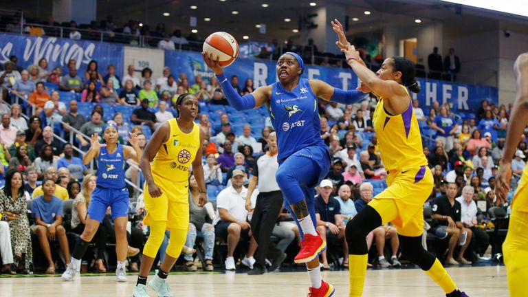 Arike Ogunbowale drives to the basket to score against the Los Angeles Sparks