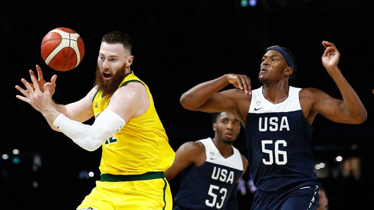 Aron Baynes and Myles Turner battle for possession