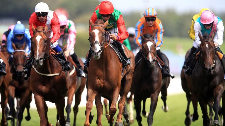 Billesdon Brook, ridden by jockey Sean Levey, wins at Goodwood