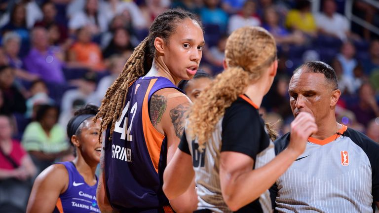 Brittney Griner questions a call during the Mercury's loss to Dallas