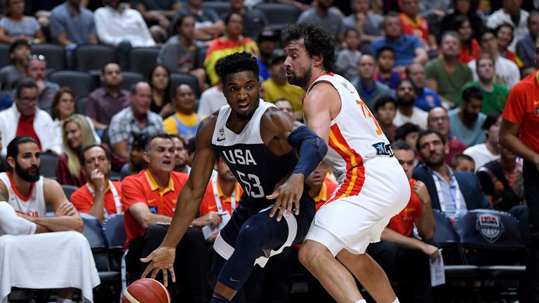 Donovan Mitchell takes on Sergio Llull during a USA-Spain World Cup warm-up