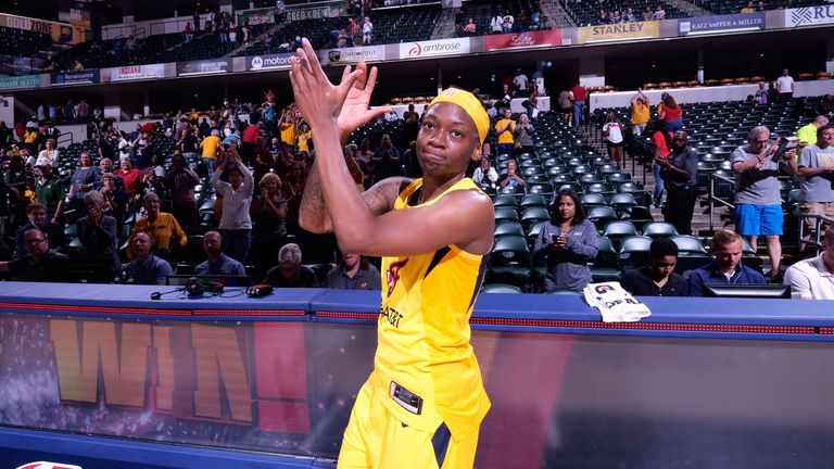 Erica Wheeler applauds the crowd after the Indiana Fever&#39;s win over the Atlanta Dream