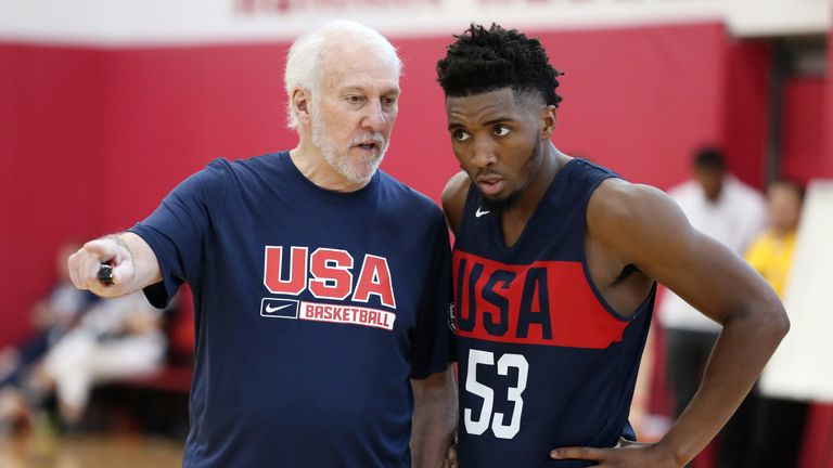 Gregg Popovich offers advice to Donovan Mitchell at the USA Basketball Select camp