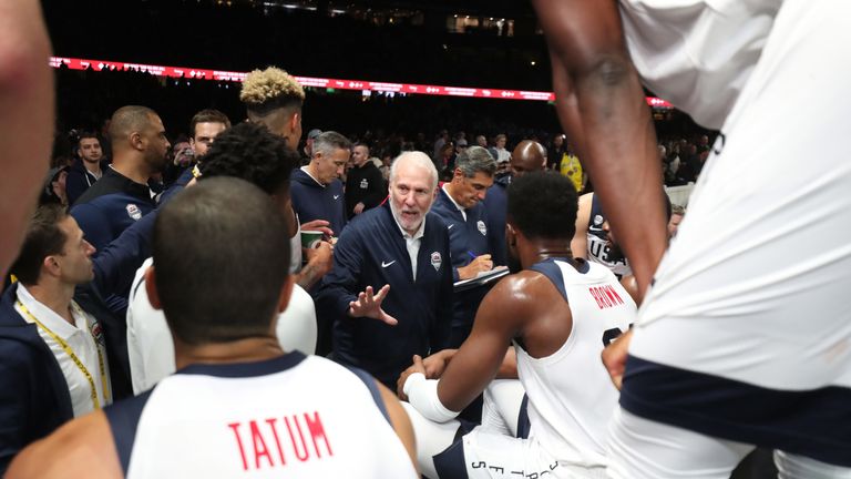 Gregg Popovich issues instructions during a timeout in the US's World Cup warm-up against Australia