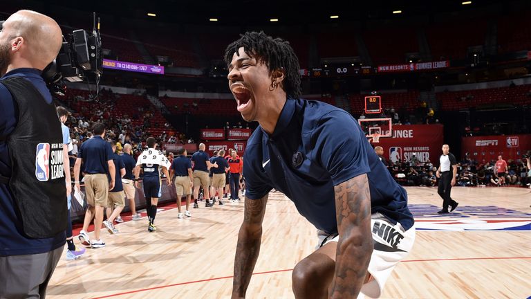 Ja Morant celebrates a Grizzlies basket at Summer League