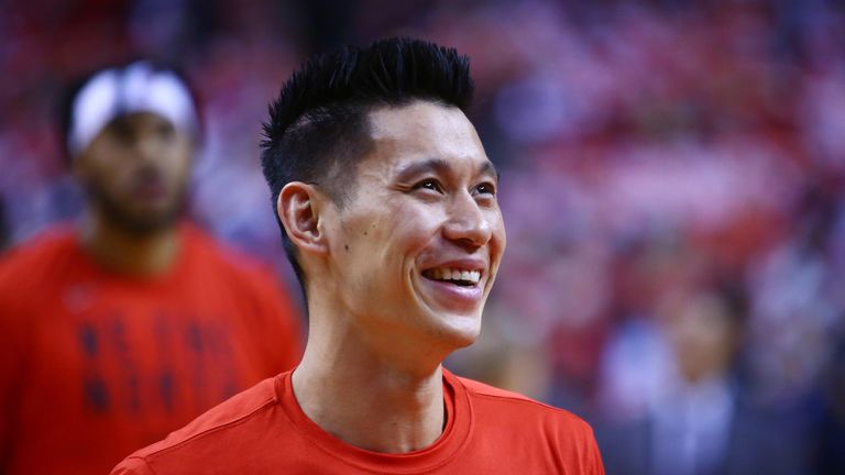 Jeremy Lin pictured warming up for a Toronto Raptors playoff game