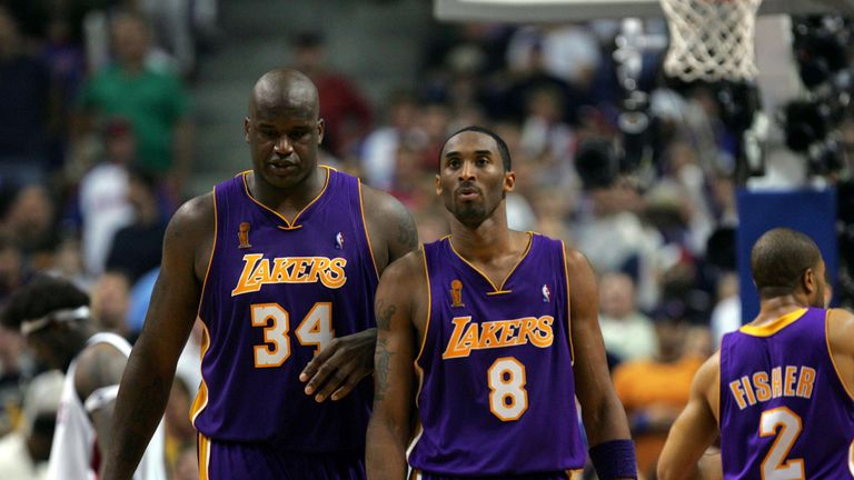Shaquille O&#39;Neal and Kobe Bryant pictured together during a Lakers game