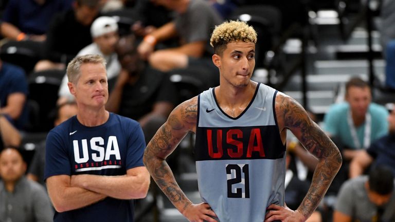 Kyle Kuzma is watched by assistant coach Steve Kerr at Team USA practice