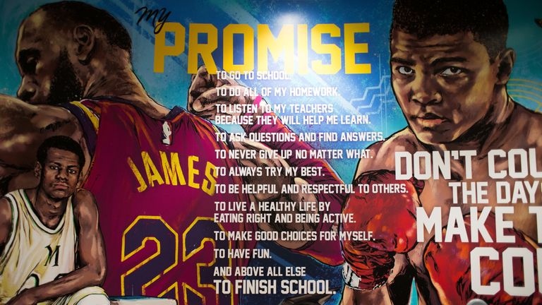 An inspirational mural at the I Promise school founded by LeBron James