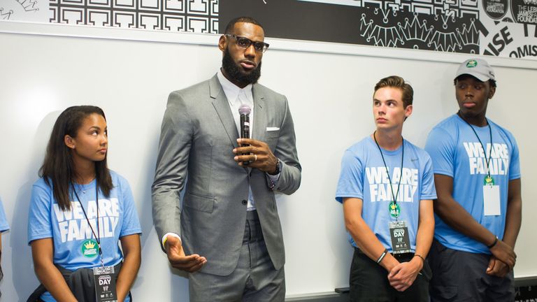 LeBron James speaks to children at the opening of the I Promise school in Akron, Ohio