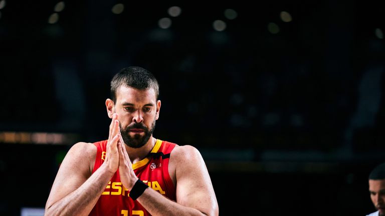 Marc Gasol in action for Spain in their Anaheim exhibition against USA