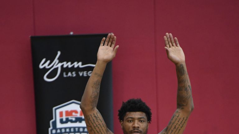 Marcus Smart stretches at Team USA practice in Las Vegas
