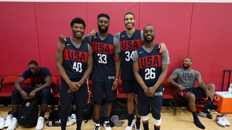 Boston Celtics players Marcus Smart, Jaylen Brown, Jayson Tatum and Kemba Walker pictured together at Team USA camp