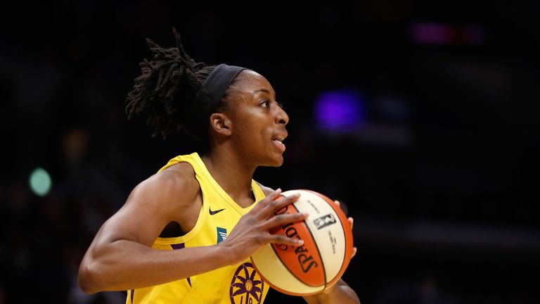 Nneka Ogwumike prepares to pass during a Los Angeles Sparks game