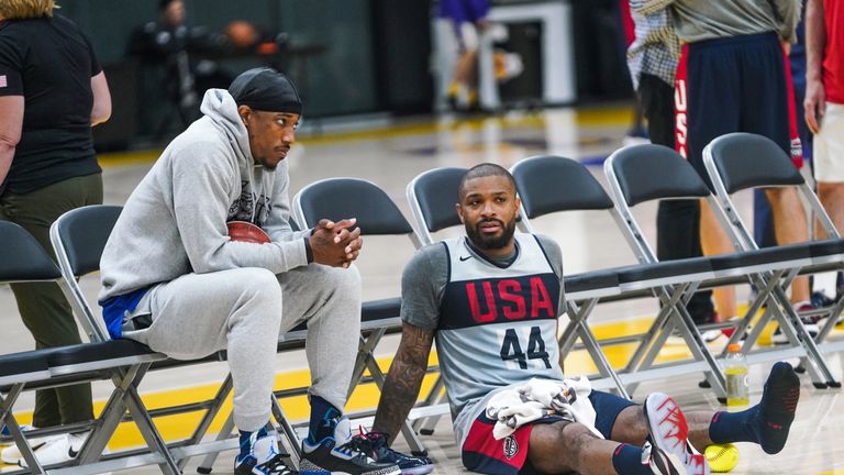 PJ Tucker rests with his ankle raised at Team USA practice