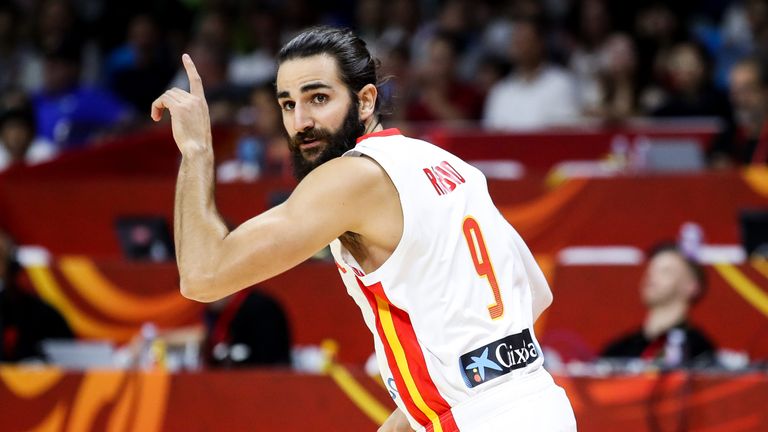 Ricky Rubio celebrates a basket against Tunisia