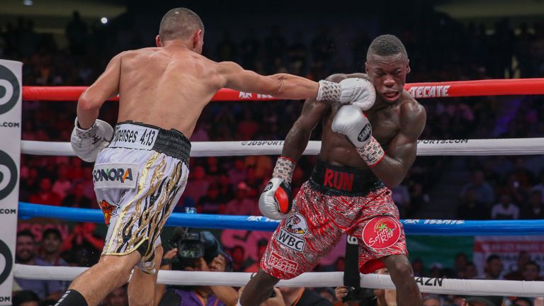 August 24, 2019; Hermosillo, Sonora, MEX; WBC super flyweight champion Juan Francisco Estrada and Dewayne Beamon during their August 24, 2019 bout at Centro de Usos M..ltiples in Hermosillo, Sonora. Mandatory Credit: Melina Pizano/Matchroom Boxing USA