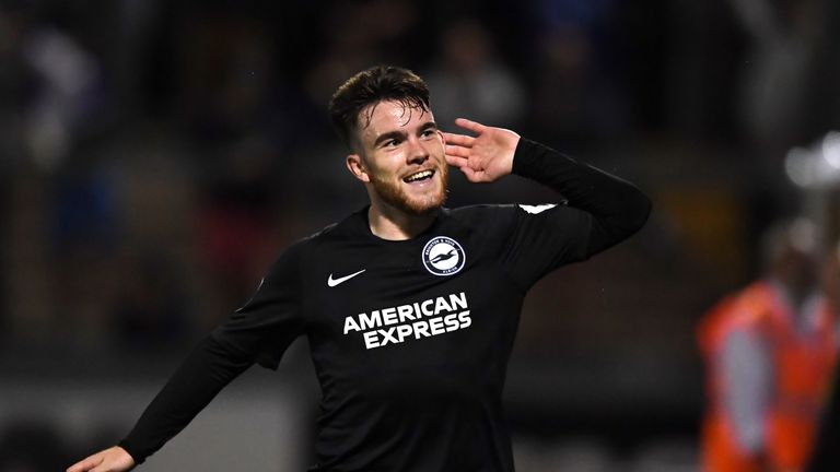 Aaron Connolly celebrates scoring for Brighton against Bristol Rovers