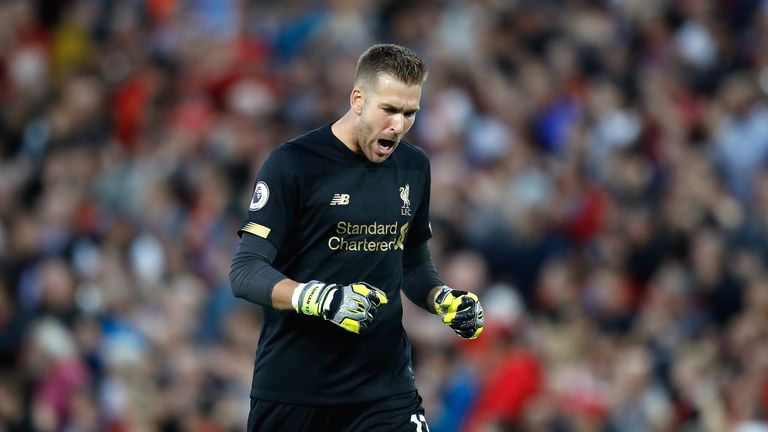Adrian, a first-half substitute for the injured Alisson, celebrates Liverpool&#39;s fourth goal