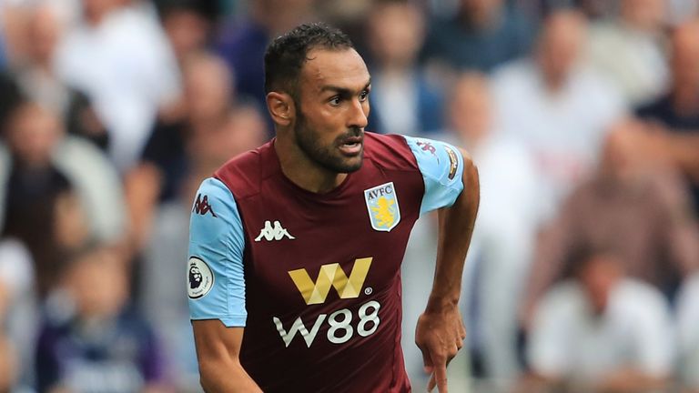 Ahmed Elmohamady of Aston Villa during the Premier League match between Tottenham Hotspur and Aston Villa at Tottenham Hotspur Stadium on August 10, 2019 in London, United Kingdom