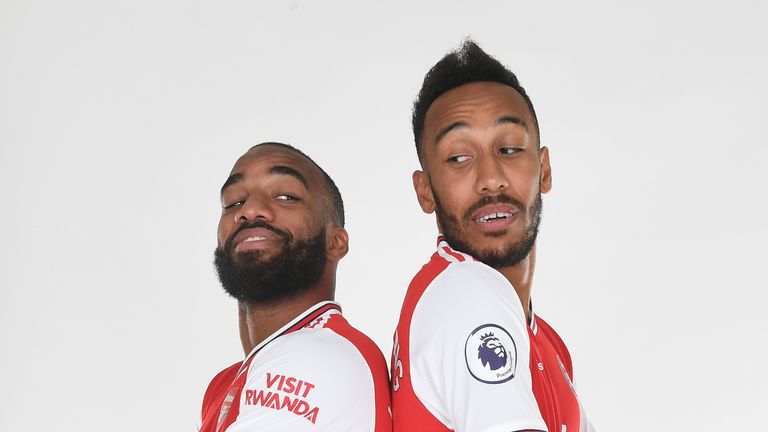 Alex Lacazette and Pierre-Emerick Aubameyang pose during a photoshoot at London Colney