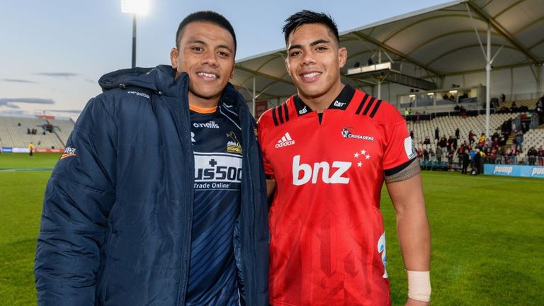 Allan Alaalatoa of the Brumbies and his brother, Michael Alaalatoa of the Crusaders, pose after the round 8 Super Rugby match between the Crusaders and Brumbies at Christchurch Stadium on April 06, 2019 in Christchurch, New Zealand.
