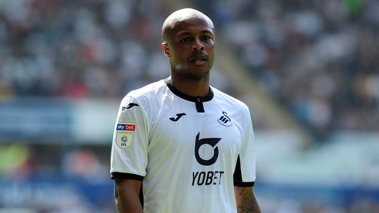 SWANSEA, WALES - AUGUST 25: Andre Ayew of Swansea City during the Sky Bet Championship match between Swansea City and Birmingham City at the Liberty Stadium on August 25, 2019 in Swansea, Wales. (Photo by Athena Pictures/Getty Images)