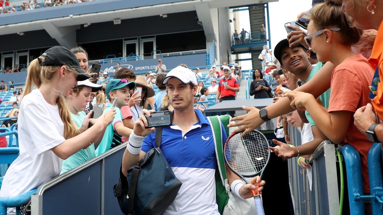 Andy Murray recording his return to a competitive singles court for the first time since his hip surgery in January