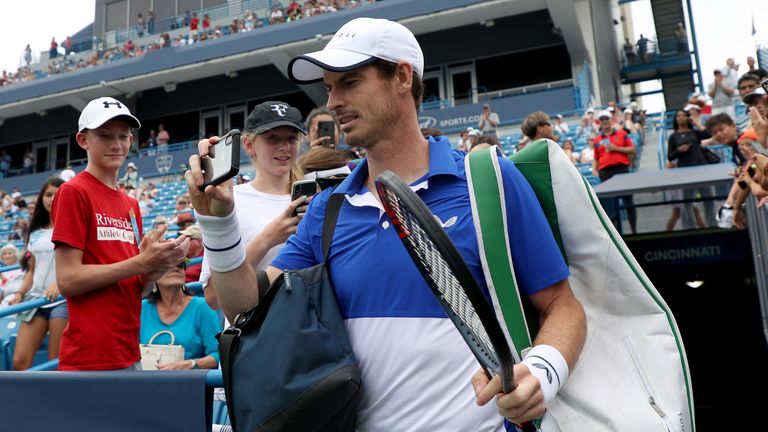 Andy Murray of Great Britain takes the court before the start of his match against Richard Gasquet of France during Day 3 of the Western and Southern Open at Lindner Family Tennis Center on August 12, 2019 in Mason, Ohio. 