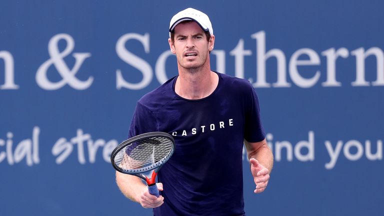 Andy Murray of Great Britain trains on center court during the Western & Southern Open at Lindner Family Tennis Center on August 12, 2019 in Mason, Ohio