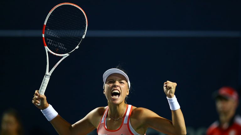 Anett Kontaveit celebrates her first round victory at the Rogers Cup 