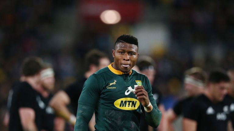  Aphiwe Dyantyi of the Springboks looks on during The Rugby Championship match between the New Zealand All Blacks and the South Africa Springboks at Westpac Stadium on September 15, 2018 in Wellington, New Zealand.