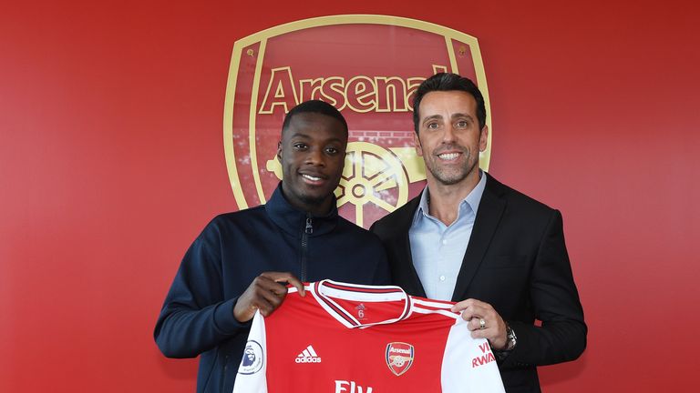 Nicolas Pepe with Edu after signing for Arsenal in the summer of 2019