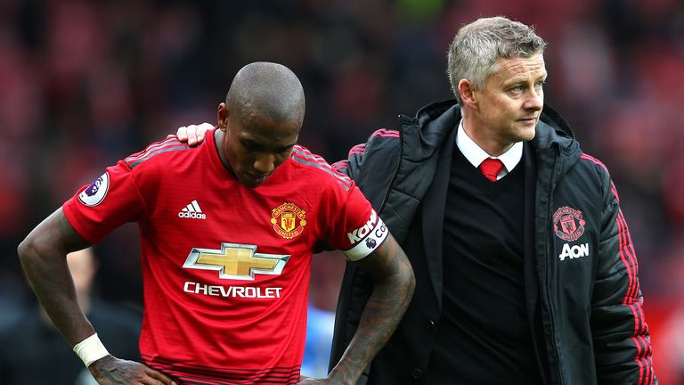 Ashley Young of Manchester United is consoled by Ole Gunnar Solskjaer, Manager of Manchester United after the Premier League match between Manchester United and Chelsea FC at Old Trafford on April 28, 2019 in Manchester, United Kingdom. 