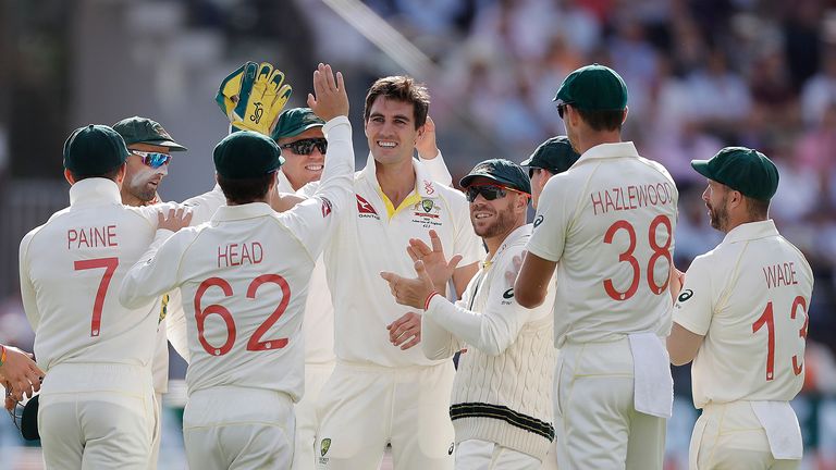 Pat Cummins of Australia celebrates after taking the wicket of Chris Woakes of England during day two of the 2nd Specsavers Ashes Test between England and Australia at Lord&#39;s Cricket Ground on August 15, 2019 in London, England.