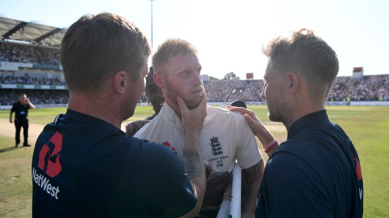 Ben Stokes with Jason Roy and Joe Root after he incredible Ashes century at Headingley