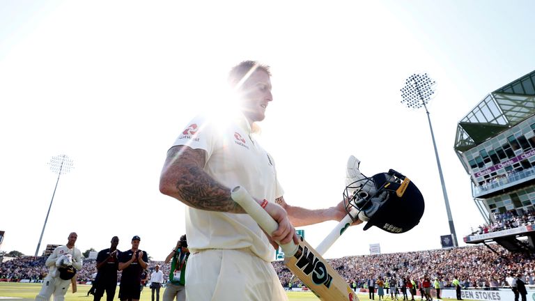 England all-rounder Ben Stokes leaves the field after his match-winning 135no