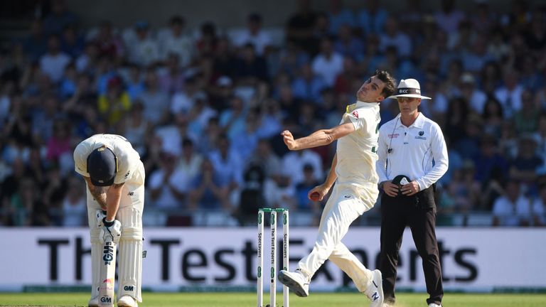 Ben Stokes can't watch at the non-striker's end as Pat Cummins bowls to Jack Leach