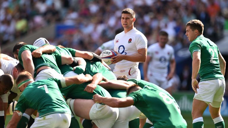 England's scrum-half Ben Youngs (C) prepares to put the ball in the scrum during the international Test rugby union match between England and Ireland at Twickenham Stadium in west London on August 24, 2019. (Photo by Glyn KIRK / AFP) (Photo credit should read GLYN KIRK/AFP/Getty Images)