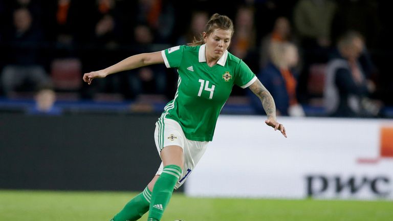 Billie Simpson in action for Northern Ireland Women against Netherlands Women in World Cup Qualifier