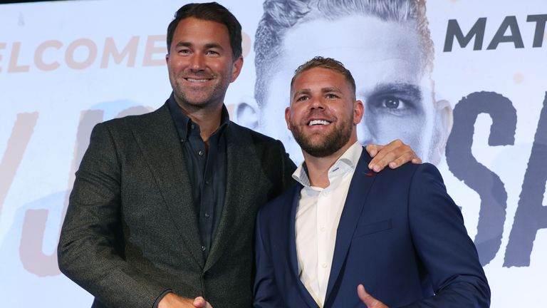 Eddie Hearn and Billy Joe Saunders during a Matchroom press conference at Glaziers Hall in London