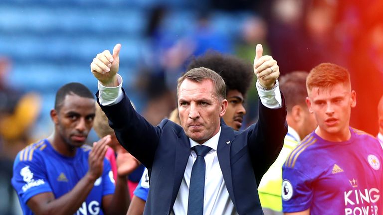 Brendan Rodgers salutes the supporters after Leicester's goalless draw with Wolves