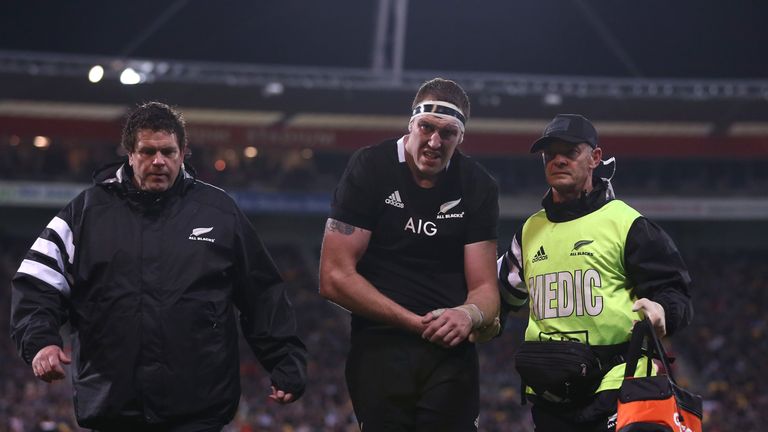 Brodie Retallick of the All Blacks suffers a dislocated shoulder during the 2019 Rugby Championship Test Match between New Zealand and South Africa at Westpac Stadium on July 27, 2019 in Wellington, New Zealand. 