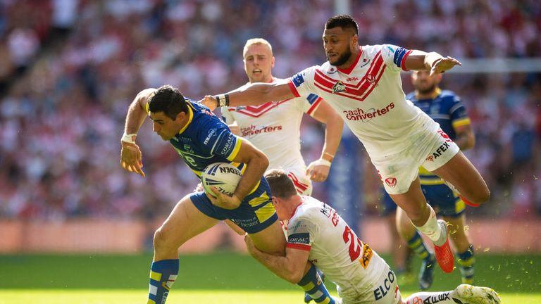 Picture by Richard Blaxall/SWpix.com - 24/08/2019 - Rugby League - Coral Challenge Cup Final - St Helens v Warrington Wolves - Wembley Stadium, London, England - Warrington's Bryson Goodwin is tackled by St Helens' Dominique Peyroux and Lachlan Coote.