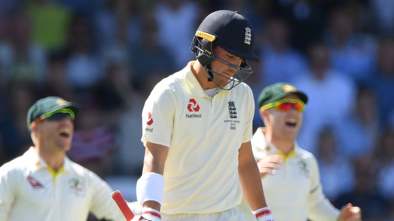 Rory Burns walks off after being dismissed by Pat Cummins in the third Test at Headingley.